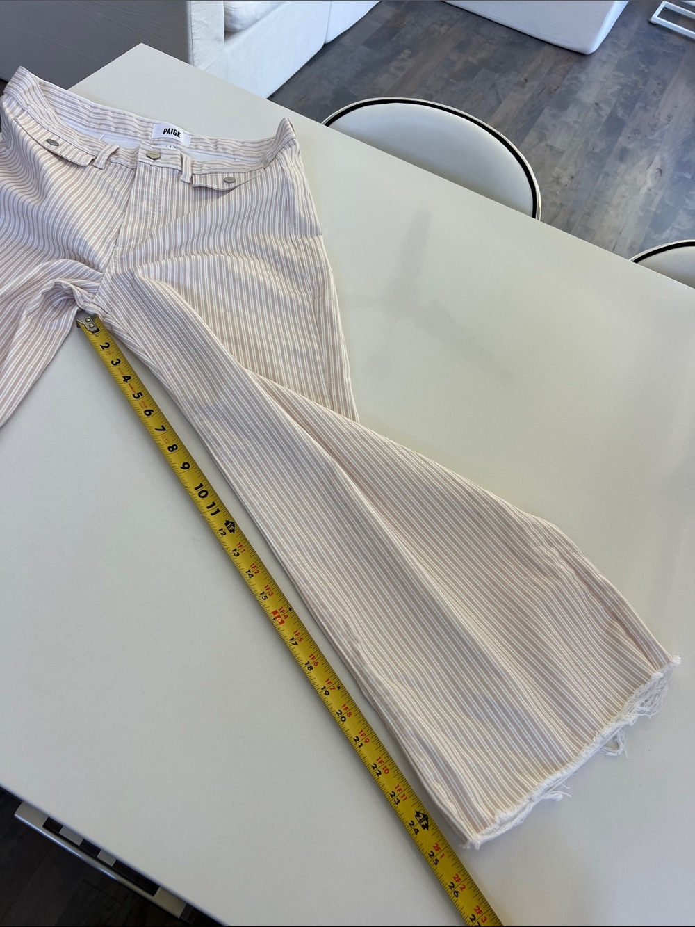 PAIGE anessa tonal cream and tan stripe wide leg slight crop jeans raw hem 30 - Picture 6 of 10